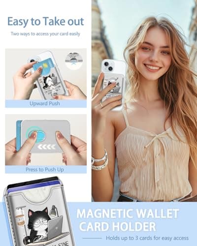Mavellin for Magsafe Magnetic Phone Wallet, Funny Coffee Cat Magnetic Credit Card Holder Case, Slim RFID Vegan Leather Magnet Wallet Women, Stick on Back for iPhone 16 15 14 13 12 Pro Promax, 3 Cards view 2