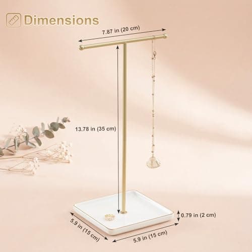 Necklace Holder Stand with Ceramic Tray, 13.78" Tall T Bar Jewelry Organizer for Tangle Free Storage, Gold Necklace Holder for Bracelets Rings, Vanity Dresser Room Decor, Gift for Women Girls view 2