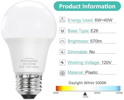 Amazing power E26 LED Bulb, 40W Equivalent Medium Base Light Bulb, Non-Dimmable, Daylight White 5000K, 6W Bright White LED Bulbs for Home Lighting Lamp, 4-Pack view 3