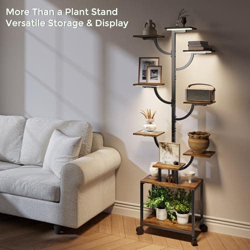 Plant Stand Indoor with Grow Lights - 9-Tier Plant Stand with Wheels, Tall Metal and Wood Indoor Plant Shelf with Tree Design, Rolling Flower Pot Holder Rack with Waterproof Finish, Adjustable Display Stand for Home Garden, Patio, 62" Tall view 5