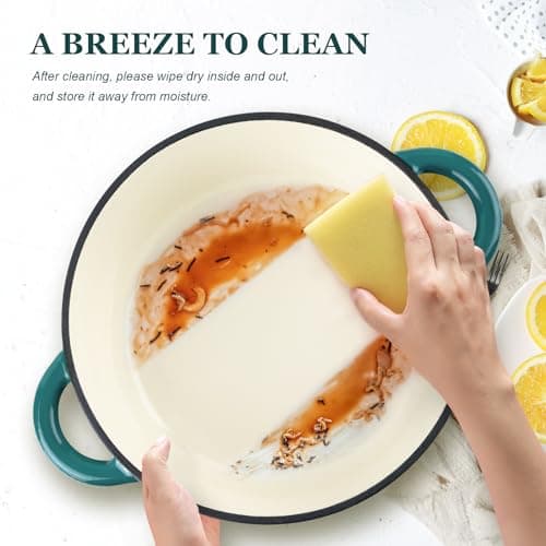 Overmont Enameled Cast Iron Dutch Oven - 7QT Pot with Lid Cookbook & Cotton Potholders - Heavy-Duty Cookware for Braising, Stews, Roasting, Sourdough Baking bottle green view 4