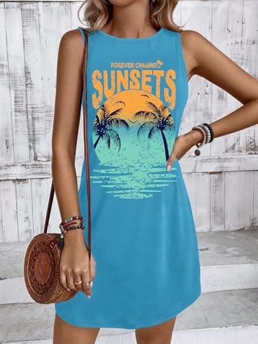 PICKID Summer Dress Hawaiian Dresses Sundresses for Women Sunsets Graphic Mini Tank Sleeveless Vacation Outfits view 3