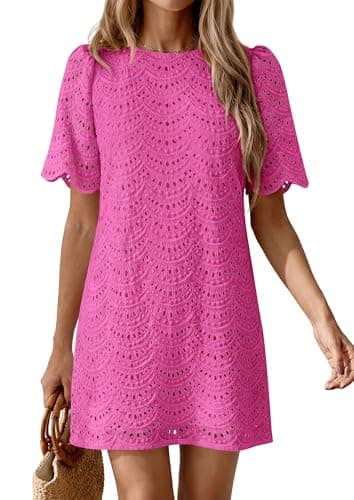 PRETTYGARDEN Women's 2026 Summer Casual Short Dresses Embroidered Lace Short Sleeve Boho Mini Dress Beach Vacation Clothes view 4