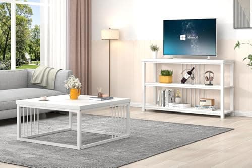 FOLUBAN White Coffee Table, Modern Rustic Wood and Metal Center Table, Industrial Simple Cocktail Tea Table for Living Room, 31.5 Inch view 6