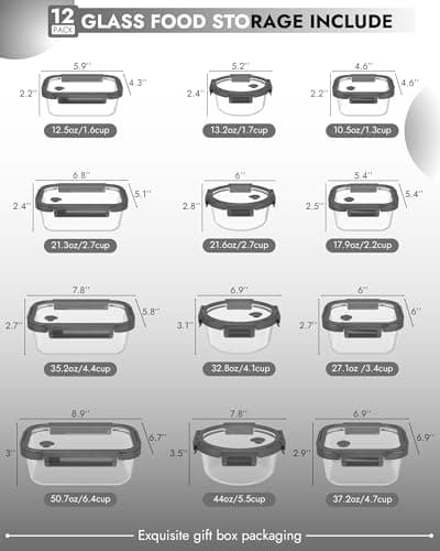 BOROHOUSE 12-Pack Glass Containers with Tempered Lids – Borosilicate, Oven-Safe(-4°F~950°F), Airtight, BPA-Free, Multi-Size for Meal Prep, Dishwasher Safe (Gray) view 2