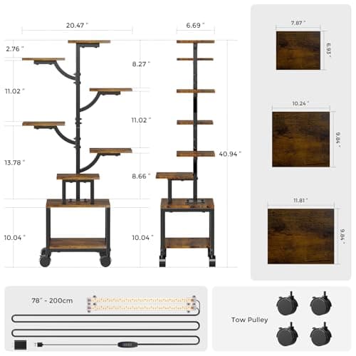 Plant Stand Indoor with Grow Lights - 7-Tier Plant Stand with Wheels, Tall Metal and Wood Indoor Plant Shelf with Tree Design, Rolling Flower Pot Holder Rack with Waterproof Finish, Adjustable Display Stand for Home Garden, Patio, 41" Tall view 2