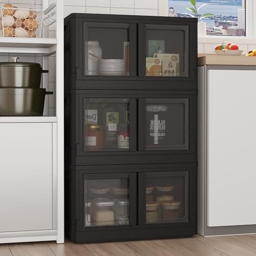 FLEXIMOUNTS 228 QT Stackable Storage Bins With Lids, Collapsible Plastic Storage Bins With Doors and Built-in Wheels For Home Dorm Closet Organizers and Storage, 3 Pack Cubes, Black