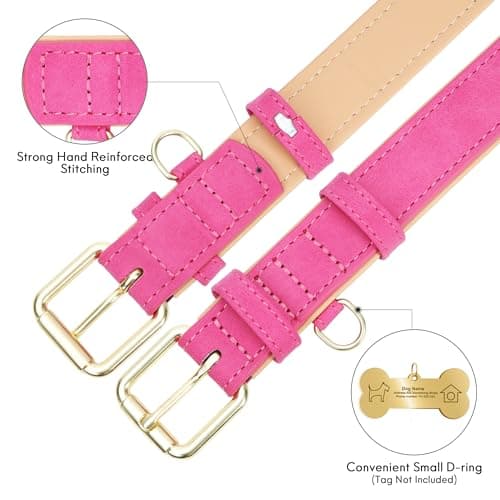 Jumpress Leather Dog Collar for Small Medium Large Dogs, Soft Padded Dog Leather Collar with Heavy Duty Gold Buckle, Durable & Comfortable for Puppy Dogs Daily Walking (Hot Pink, XS) view 5