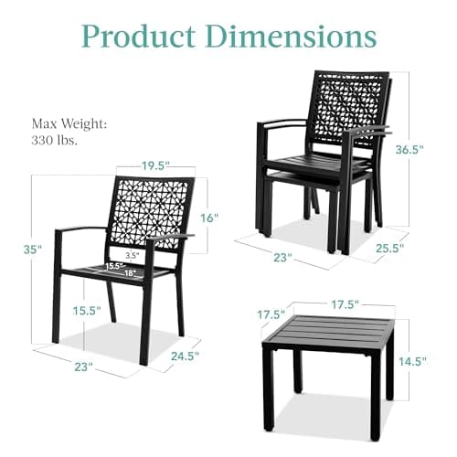 Best Choice Products 3-Piece Outdoor Bistro Set, Stackable Modern Steel Furniture for Porch, Garden w/ 2 Chairs, Table, Geometric Decor - Black view 3