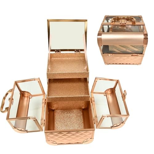 VETALLO Makeup Train Case Travel - Portable Cosmetic Storage Organizer Box Adjustable With 2 Trays, With Lock And Compartments,8.4 Inch Gold