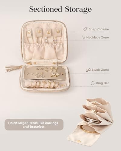 Lolalet Travel Jewelry Case Organizer, Small Jewellery Pouch with Compartments for Storage, Soft Velvet Bag for Traveling Women, Packing for Necklaces, Earrings, Bracelets, Mothers Day Gifts -Oatmeal view 4