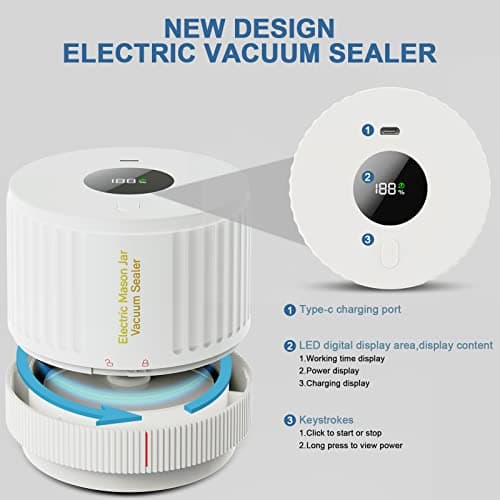 Electric Mason Jar Vacuum Sealer, Cordless Vacuum Sealer Kit for Wide-Mouth & Regular-Mouth Mason Jars, for Food Storage and Fermentation, White view 6