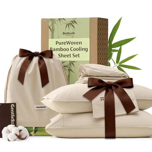 Bedsure Bamboo Viscose Cooling Sheets, Rayon Cotton Serene Blend, PureWoven, Breathable & Buttery Soft Queen Size Bed Set,Deep Pocket Up to 18", Hotel Luxury Bedding for Hot Sleepers, Beige view 1