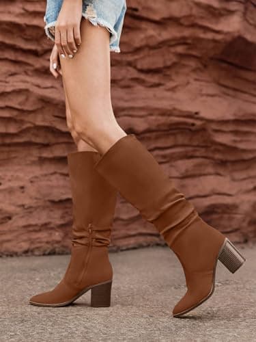 Huiyuzhi Womens Pointed Toe Mid Chunky Heel Side Zipper Knee High Boots Tall Booties view 3