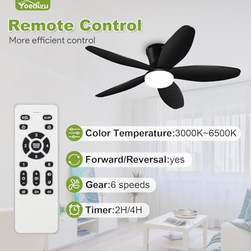 Yoedivu Ceiling Fans with Lights - 42 Inch Low Profile Flush Ceiling Fan with Light and Remote Control, Flush Mount, 6-Speed, 3CCT, Noiseless,Timer, Black Ceiling Fans for Bedroom Indoor/Outdoor Use view 4
