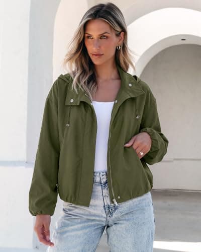 luvamia Women's Funnel Neck Jacket Casual Crop Zip Up Hooded Bomber Jackets | Trendy, Oversized, Long Sleeve, Stand Collar, Elastic Cuff and Hem, Cropped, Funnel Neck Jacket Coats for Women, Fall Outfits view 3