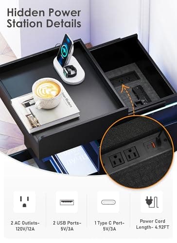 Turosur Nightstands Set of 2, LED Night Stand with Gun Drawer, Smart Nightstand withHidden Charging Station, Modern Beside Table with USB and Type-C Port for Bedroom (Black) view 5
