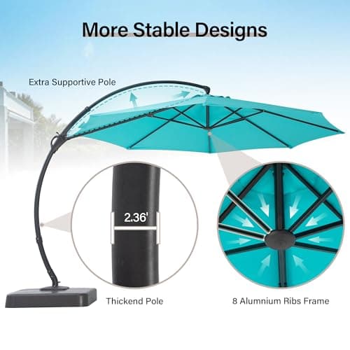 LAUSAINT HOME 11FT Patio Cantilever Umbrella with Base Outdoor Curvy Round Offset Umbrella, Heavy Duty Aluminum Patio Umbrella with 360°Rotation and Windproof, for Garden, Pool, Deck, Backyard, Market(11 FT Turquoise Blue） view 6