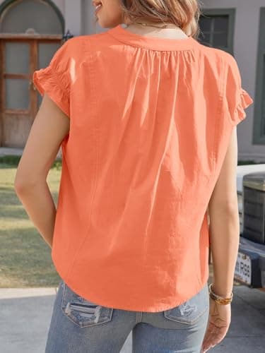 Tankaneo Womens Dressy Casual Tops Ruffle Short Sleeve V Neck Work Blouses Summer Business Casual Cotton Shirts Orange view 6