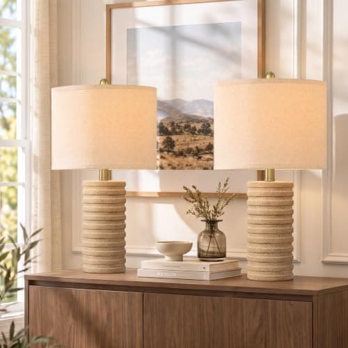 PoKat 23'' Farmhouse Table Lamps Set of 2 for Bedroom, Stone-Like Ceramic | Bedside Lamps for Nightstand, Distressed Handcrafted Base, Antique Sand-Beige Color, Boho Lamps for Living Room Side Table view 5