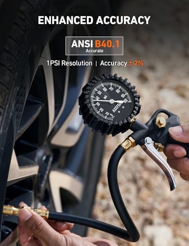 AstroAI Tire Pressure Gauge with Inflator, 100 PSI-ANSI B40.1 Accurate | Large 2.5" Easy Read Glow Dial, Heavy Duty Air Chuck and Compressor Accessories with Rubber Hose and Quick Connect Coupler view 5