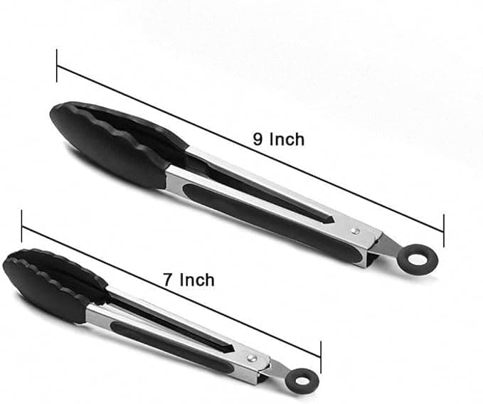Kitchen Tongs Stainless Steel Locking with Silicon Tips Heat Resistant for Cooking, Set of 2-7" and 9" Black view 3