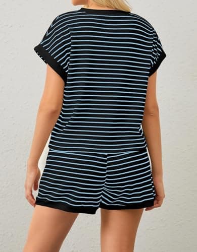 Burtell Women Summer 2 Piece Lounge Sets Striped Short Sleeve Tee Shirts Mini Shorts Loungewear Shorts Set Ribbed Pajama Set view 3