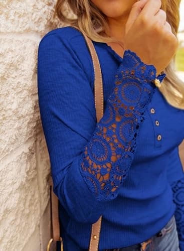 BTFBM Women Long Sleeve Shirts Spring Solid Button Up V Neck Lace Long Sleeves Slim Fit Knit Casual Fall T-Shirts 2026 view 3