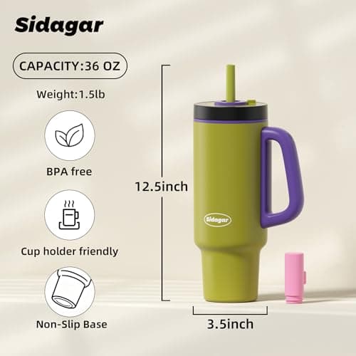 Sidagar Tumbler with Handle,36 oz Ceramic Lined Travel Mug Water Bottle with Straw,Vacuum Insulated Stainless Steel Cup with Lid,Fits Cup Holder, Leak Resistant Press-in Lid,Green view 3