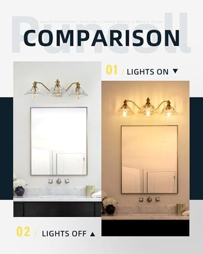 puncoll Vintage Bathroom Vanity Light Fixture - 3-Lights Bathroom Lighting Gold Finish with Flower Glass Shade - Vanity Lights Over Mirror, W2505-3-BG view 4