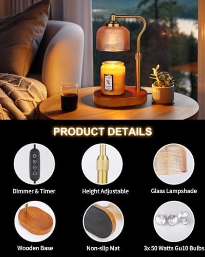 Kadrama Candle Warmer Lamp Electric Candle Warmer with Timer Dimmable Candle Lamp Warmer with 3 Bulbs Height Adjustable Wax Melt Warmer for Bedroom Home Decor, Amber Gold view 3