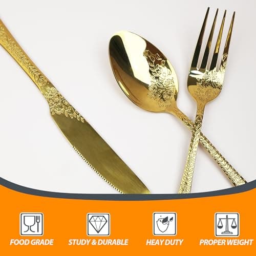 Runfly Vintage Carved Floral Gold Silverware Set for 4, Stainless Steel 20-Piece Flatware Set with Knife/Fork/Spoon, Cutlery Set for Home and Kitchen, Modern Utensil Set view 4