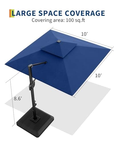 Garvee 10 ft Solar Lights Cantilever Patio Umbrella with Base Included, 360° Rotation Offset Umbrella, Easy Crank & Tilt Adjustment, UV Protection for Backyard, Poolside, Deck -Navy Blue view 3