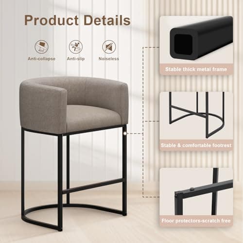 VATROS 26" H Counter Height Bar Stools Set of 3, Modern Barrel Counter Stools with Backrest and Arms, Linen Fabric Upholstered Accent Barstools for Kitchen Island,Support 450 LBS (Sand) view 3