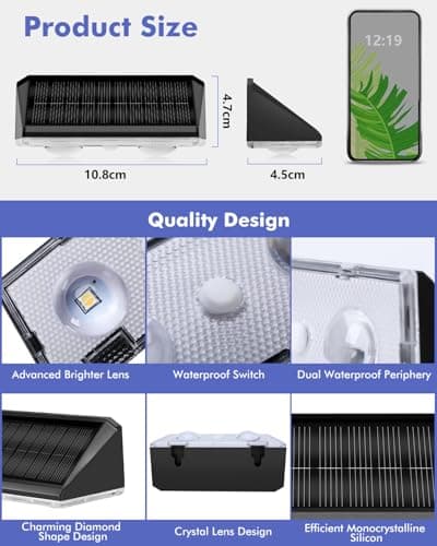Solar Fence Lights Outdoor 12 Pack, IP65 Waterproof Fence Lights Solar Powered, 3 Modes(Warm/Neutral/Cool White) Solar Deck Light with Auto ON/OFF, LED Lens for Deck/Wall/Step/Patio/Pool/Backyard view 6