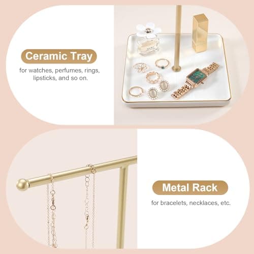 Necklace Holder Stand with Ceramic Tray, 13.78" Tall T Bar Jewelry Organizer for Tangle Free Storage, Gold Necklace Holder for Bracelets Rings, Vanity Dresser Room Decor, Gift for Women Girls view 4