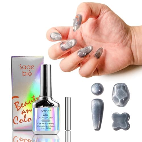 SAGEBIO High-Density & Ultra-Bright Cat Eye Gel Nail Polish with Magnet Stick, 15ml Sparkling Magnetic Gel for DIY Manicure, Long-Lasting Shine - Jade Smoke view 1