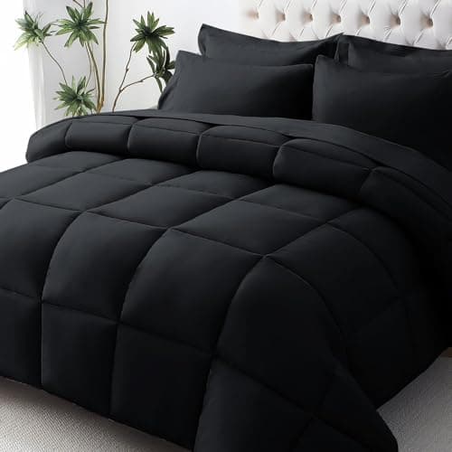 JOLLYVOGUE California King Comforter Set, Ultra-Soft Bed in a Bag Cal King Size 7 Pieces, Oeko-TEX Certified Bedding Set with Down Alternative Comforter, Sheets, Pillowcases & Shams, Black view 1
