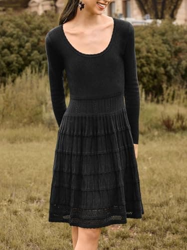 Wenrine Womens Long Sleeve Sweater Dress Knit Crochet Casual A Line Flowy Skater Mini Dresses view 2