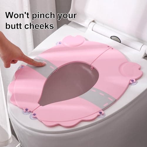 Portable Potty Training Seat，Upgraded Non-Slip-Anti pinch buttocks, One-handed Removal Folding Travel Potty Seat for Toddlers & Kids, 6 suction cups firmly adhere, Fits All Shape Toilets(Pink) view 4