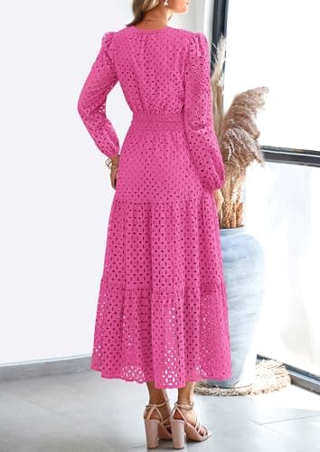 PRETTYGARDEN Women's Long Sleeve Maxi Dress V Neck Hollow Out Eyelet A Line Long Flowy 2026 Spring Wedding Guest Dresses view 3