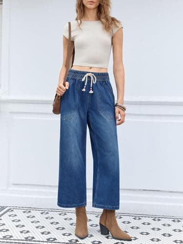 Cicy Bell Women's Wide Leg Jeans Casual Drawstring High Wasit Boyfriend Loose Baggy Capri Denim Pants with Pockets view 5