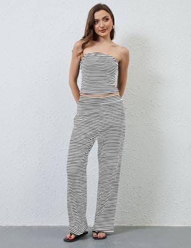 MSBESYOR Women Sailor Tube Top Set 2 Piece Outfits Striped Strapless Bandeau Low Waist Wide-Leg Pants Lounge Sets view 4