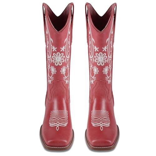 UJPFEO Cowboy Boots for Women Mid Calf Cowgirl Boots Square Toe Pull On Low Chunky Heel Embroidery Western Boots view 5