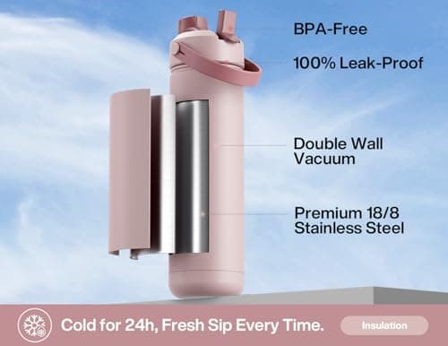 POWCAN 26 oz Insulated Water Bottle with 2-in-1 Straw and Spout Lid, Keep Cold 24H, Leak-Proof, Fits in Car Cup Holder, Stainless Steel Water Bottle for Gift, Holiday, Travel and School (Sweet Rosy) view 4