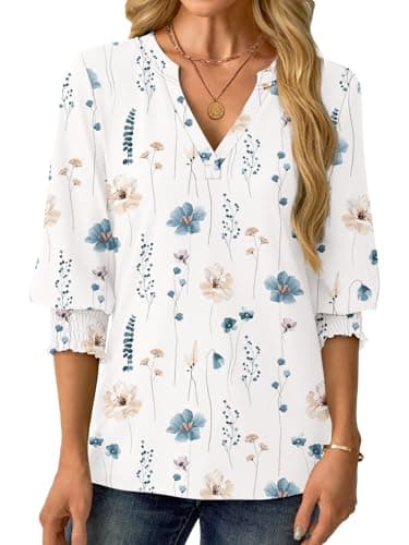 GKBK Womens 3/4 Sleeve Shirts V Neck Dressy Casual Spring Summer Blouses with Smocked Cuffs view 4