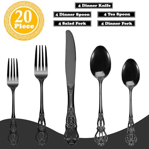 Runfly Gorgeous Retro Royal Black Stainless Steel 20 Pieces Flatware Set, Black Silverware Set, Anti-rust Stainless Steel dark Cutlery Set Utensils Including Fork Spoon and Knife view 2