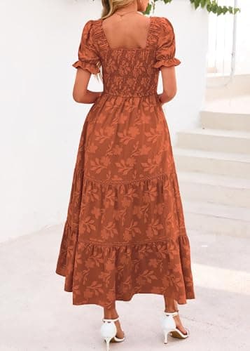 Lazysmile Women's Summer Boho Floral Maxi Dress Short Sleeve Square Neck Smocked Ruffle Elegant Wedding Guest Dress view 2