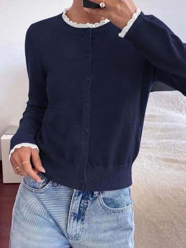 KIRUNDO Cute Lace Cardigan Sweaters for Women Fall Casual Button Down Tops view 2