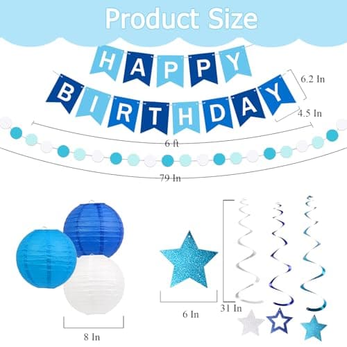 Happy Birthday Decorations, Blue Birthday Party Decorations Set with Happy Birthday Banner, Paper Lanterns, Star Swirl Hanging Decorations & Circle Dots Garland view 3